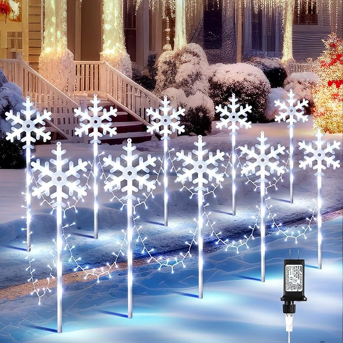 10 Pcs Christmas Snowflake Pathway Stake Lights for Outdoor Yard 370 Bright LEDs Waterproof Large Christmas Snowflake Light Decoration for Garden Lawn Driveway Walkway Decor(Cool White)