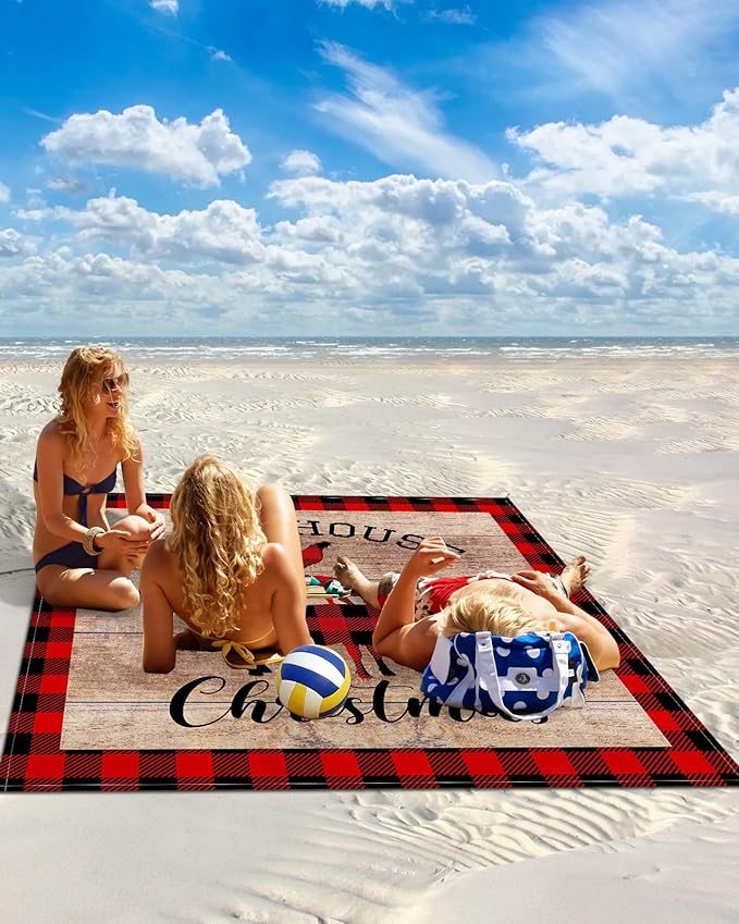 Beach Blanket Waterproof Sandproof Christmas Cow Pig Chicken Farm Animals Quick Drying Beach Mat with 4 Stakes Red Buffalo Plaid Vintage Brown Wood Lightweight Picnic Blanket for Travel 118x108