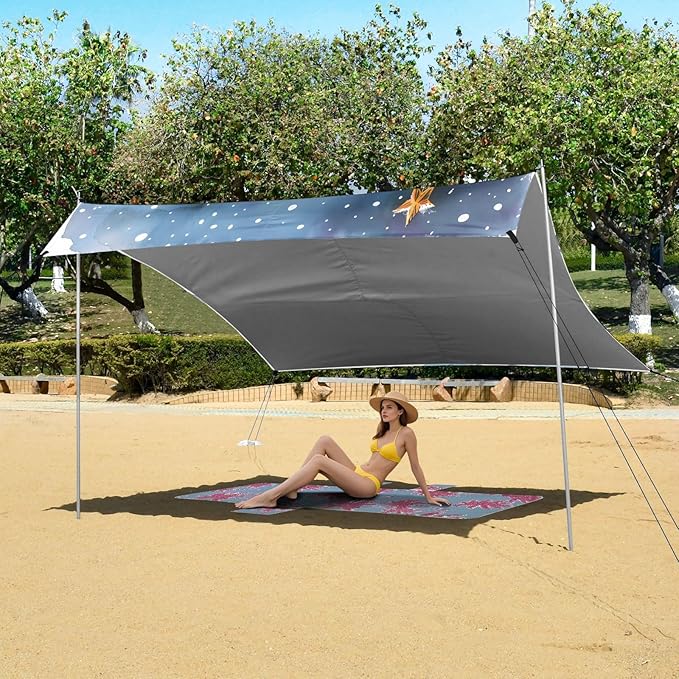 ALAZA Snowman Christmas Tree Beach Tent Sun Shelter UPF50+ Protection Beach Shade Canopy w/ 4 Sandbags for Outdoor Camping Fishing Backyard Fun Picnic 10x9 ft