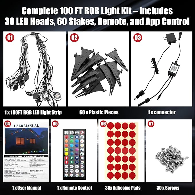 100 FT Permanent Outdoor Lights Waterproof 2-in-1 Eaves &amp Ground Stakes LED String Lights with App/Remote Control for House Garden– Smart Color-Changing Lighting for Halloween Christmas Decorati