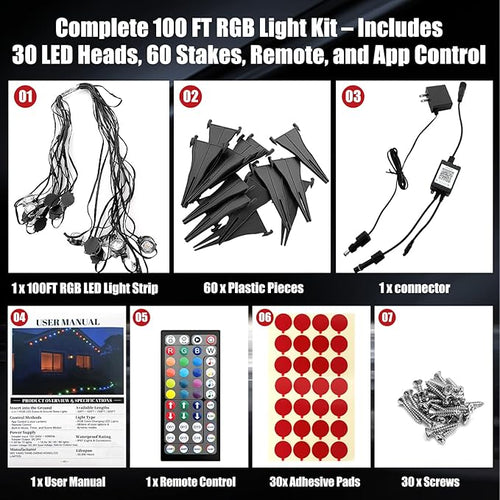 100 FT Permanent Outdoor Lights Waterproof 2-in-1 Eaves &amp Ground Stakes LED String Lights with App/Remote Control for House Garden– Smart Color-Changing Lighting for Halloween Christmas Decorati