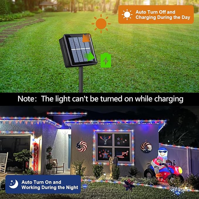 QITONG Red White Blue Solar Rope Lights 2 Pack Each 33ft 100 LED 4th of July String Lights 8 Modes Fairy Lights in Clear Thin Tube for Patriotic Independence Memorial Day Decor