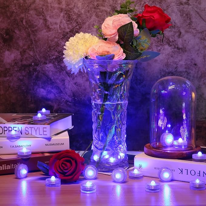 HL Submersible LED LightBlue Small LED Light100 Hours Waterproof Flameless Led Lights Battery Powered for Wedding Home Vase Festival Party Decoration 24pcs (Built-in 48 Batteries)