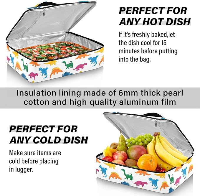 Casserole Carrier Cartoon Dinosaur PrintInsulated Casserole Carrier for Hot or Cold Food Thermal Lunch Tote for Potluck Parties Picnic Beach Fits 9 x 13 Inches Baking Dish
