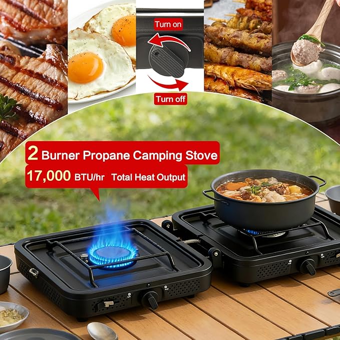 2 Burner Camping StovePortable Camp Stove with 17000 BTU Adjustable Burners and Carrying BagFolding Camping Stove for Outdoor Cooking Backpacking BBQ Grill