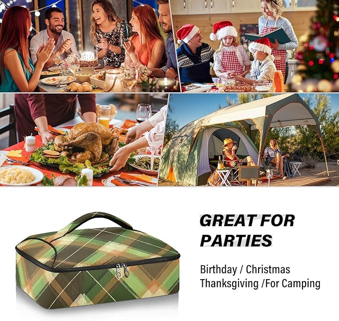 Casserole Carrier Green and Brown Tartan Insulated Casserole Carrier for Hot or Cold Food Thermal Lunch Tote for Parties Picnic Travel Carry Bag