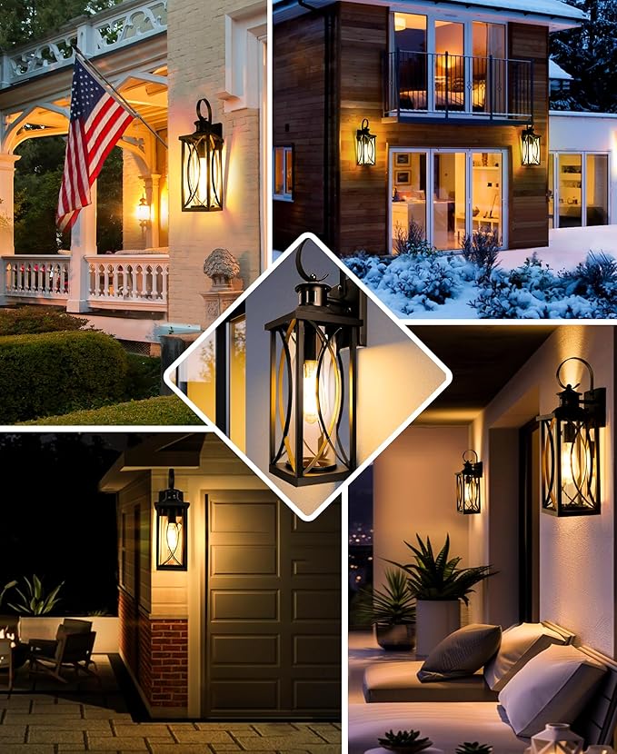 DBF Motion Sensor Outdoor Lights Wall Mount Dusk to Dawn Exterior Light Fixture Anti-Rust Waterproof Outside Porch Lights with Glass &amp E26 Socket Wall Sconce for House Garage Patio Doorway Blac