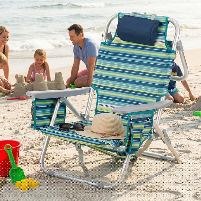Aluminum Backpack Low Profile Beach Chair - 5-Position Lay Flat Reclining Folding Chair with Removable Cooler Bag - Heavy Duty 330 lbs Capacity Lightweight Portable Sand Seat - Striped Green