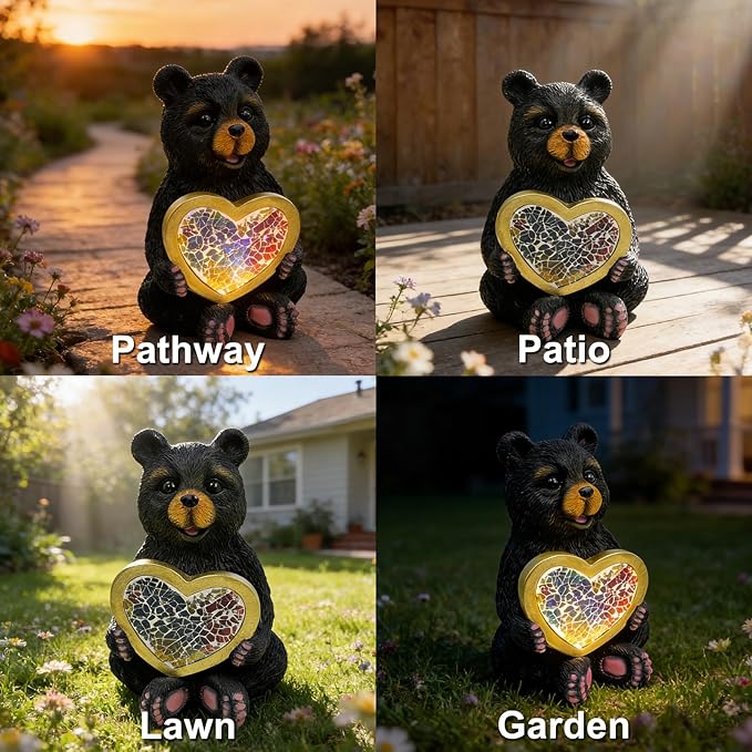 Solar Bear Garden Statues Decor for Outdoor Black Bear Figurine Lights for Lawn Patio Yard Decoration - Unique Christmas Housewarming Gift for Grandma Wowen Mom