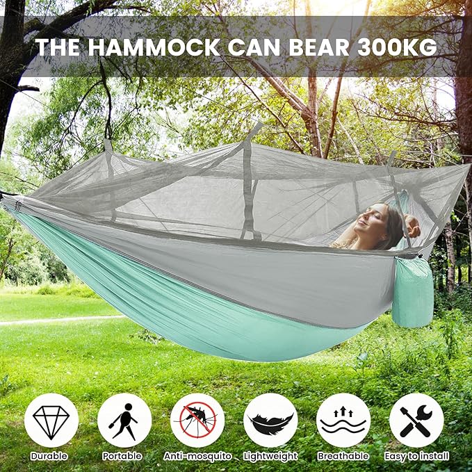 Camping Hammock with Mosquito Net &amp Rain Fly Tent Tarp &amp Tree Straps Portable Strong Nylon Hammock Parachute Tent w/Storage Bag for Camping Hiking Backyard Outdoor Backpacking Travel