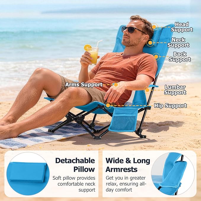 Joyfair 2 Pack Beach Chair Camping Chairs Set(High Back) Heavy Duty Folding Low Lawn Camp Chair for Adults for Outdoor Sport Fishing Armrest Chair with Portable Bag Pillow Cup Holder (Blue)