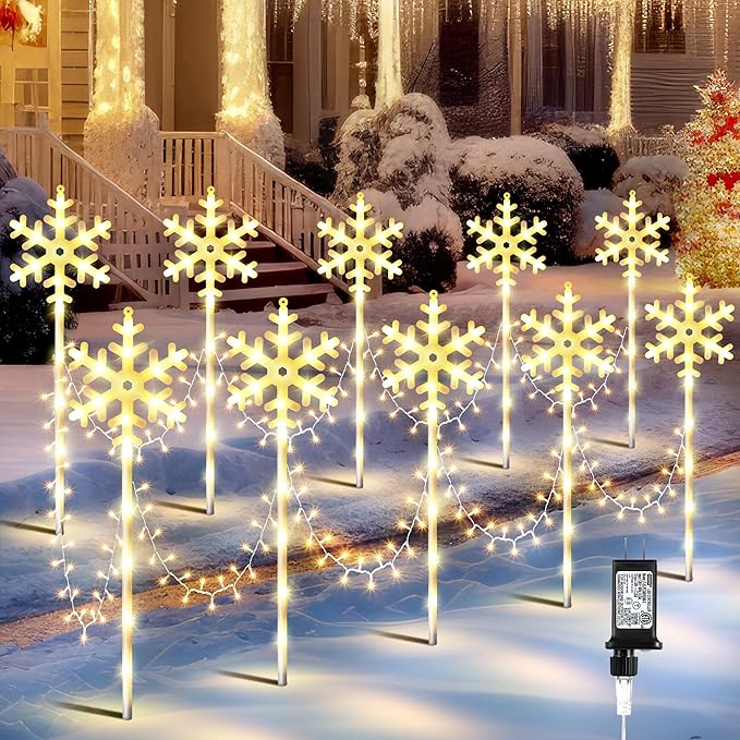 10 Pcs Christmas Snowflake Pathway Stake Lights for Outdoor Yard 370 Bright LEDs Waterproof Large Christmas Snowflake Light Decoration for Garden Lawn Driveway Walkway Decor (Warm White)