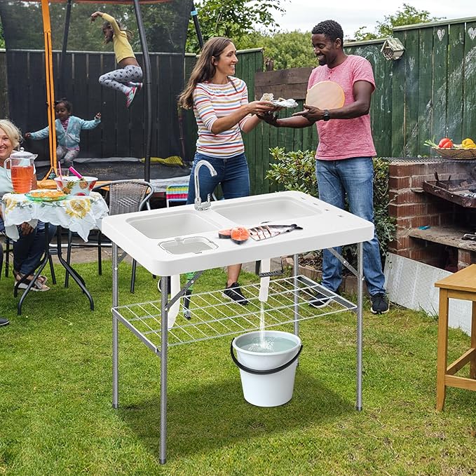 Giantex Fish Cleaning Table w/ 2 Sinks Faucet Hose Hook Up Portable Folding Camping Table w/Measure Mark Outdoor Fillet Cleaning Station for Fishing Beach Picnic (with Sprayer &amp Storage Shelf)