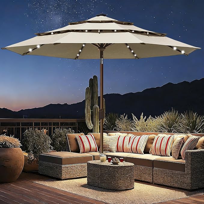 EliteShade USA 10-Year-Non-Fading 10Ft 3 Layers Market Umbrella with 80 LED Lights Patio Umbrella Outdoor Table Umbrella with Ventilation(Beige)