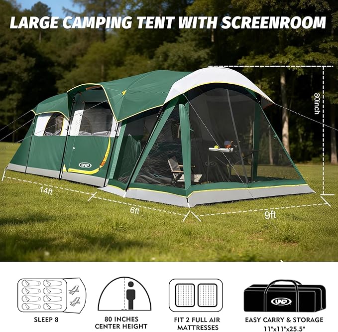 UNP Camping Tent 8 Person Waterproof Big Tunnel Tent with Screen PorchFamily Outdoor Large Tents for Camping 20' x 9' x 80in(H)