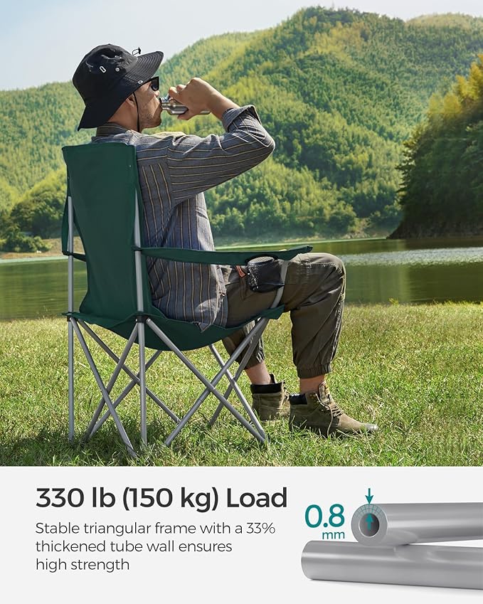 SONGMICS 2 Pack Folding Camping Chairs Load 330 lb Cup Holder and High Backrest Heavy-Duty Structure for Lawn Garden Fishing Terrace Dark Green UGCB08GN