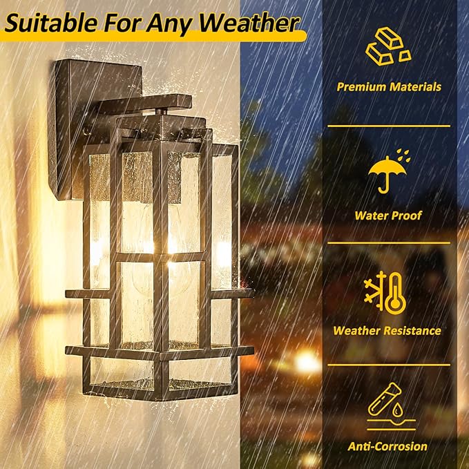 Outdoor Wall Light Fixture with Seeded Tempered Glass Waterproof Outside Wall Coach Lantern with E26 Sockets Brown Large Porch Sconces Lamp for House Patio Garage