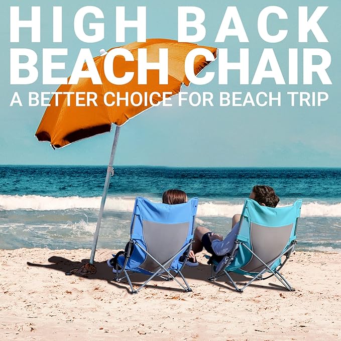 KingCamp Folding Beach Chair 2 Pack High Back Lightweight Portable Backpack Chair with Headrest Cup Holder for Camping Outdoor Sand Concert Lawn Festival Sports Blue