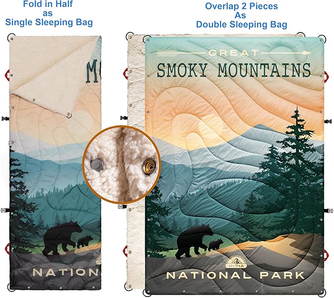 Sherpa Puffy Outdoor Camping Blanket for Traveling Picnics Beach Concert Car Stadium Sporting Events - Wearable Warm Waterproof - 55 X 78 (Great Smoky Mountains NP)