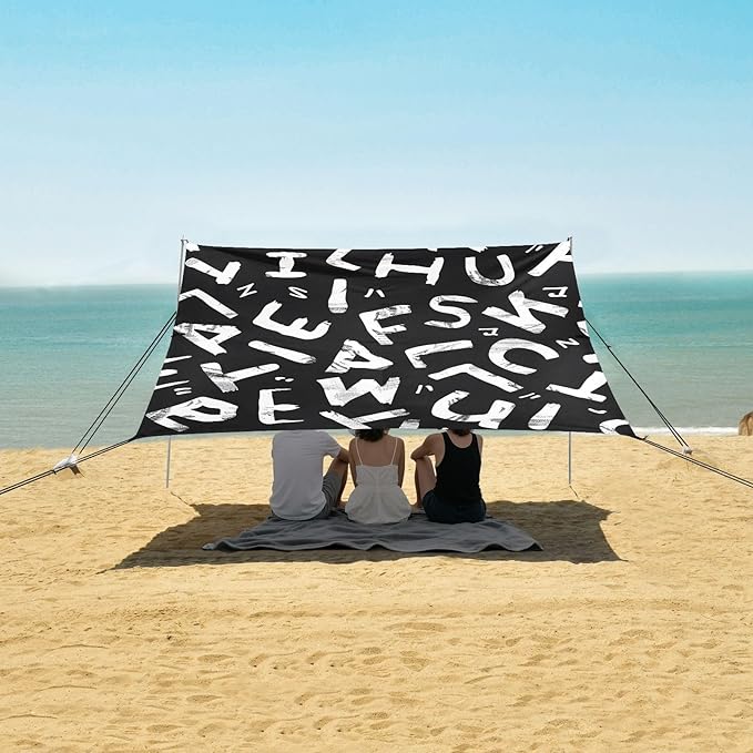 Letters on Black Background Camping Sun Shelter Beach Tent Portable Beach Sun Shade Outdoor Canopy for Camping Trips Fishing Picnic