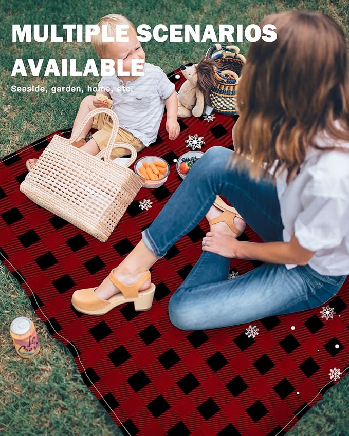 Beach Blanket Waterproof Sandproof Christmas White Snowflake Quick Drying Beach Mat with 4 Stakes Red Black Buffalo Checkered Lightweight Picnic Blanket for Travel Camping Outdoor 108x84