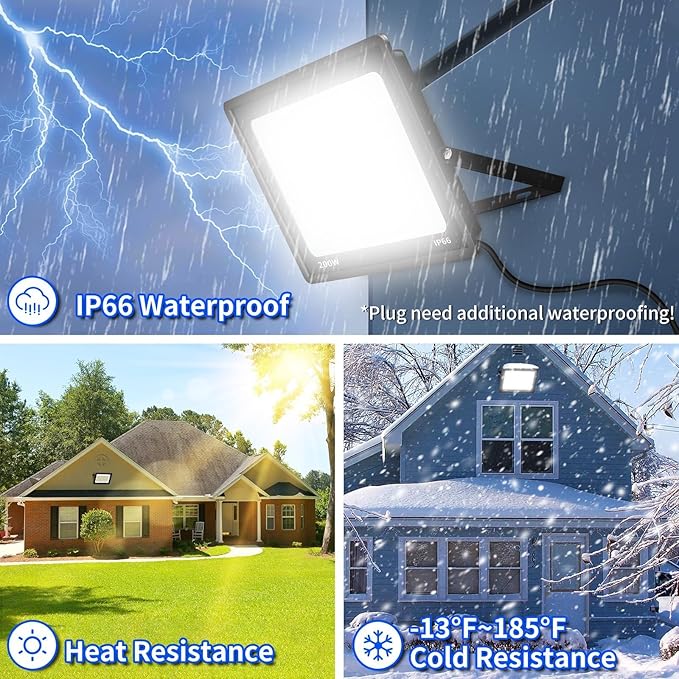 200W Flood Lights Outdoor 24000lm Bright Security Light with Plug &amp 6ft Cord 5000K Daylight White Exterior LED Floodlight IP66 Waterproof LED Work Light Yard Lights for Garage Stadium 2 Pack