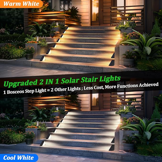 Bosceos 12-Pack Solar Step Lights Upgraded 2 in 1 LED Solar Powered Stair Light Waterproof Outdoor Deck Lights with 2 Colors Solar Light for Outside Sidewalk Yard Patio Warm White &amp Cool White