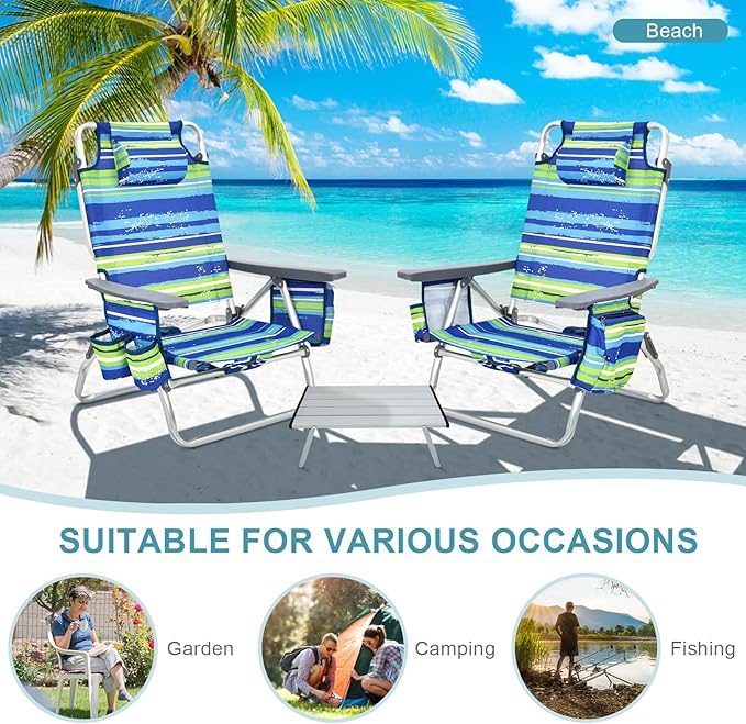 S AFSTAR Folding Beach Chair Set 2 Pack Folding Chair and Aluminum Small Table 5-Position Adjustable Camping Chairs with Ice Bag Comfort Pillow 3 PCS Backpack Recline Beach Chairs (Blue+Green)