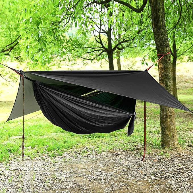Portable Single Double Nylon High Strength Parachute Hammock Rainfly Set Camping Hammock with Rain Fly Tarp and Mosquito Net Tent Tree Straps Backpacking Hiking Travel Yard Outdoor Activities