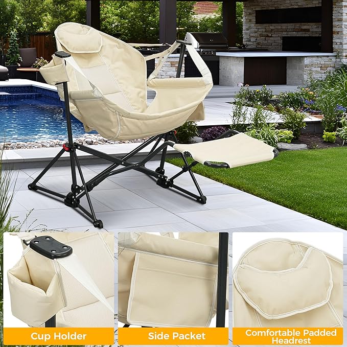 Ainfox Hammock Chair with Footrest Oversized Swinging Portable Folding Camping Chairs for Adults Outside Swinging Camp with Cup Holder Pillow for Outdoor Patio Lawn Beige
