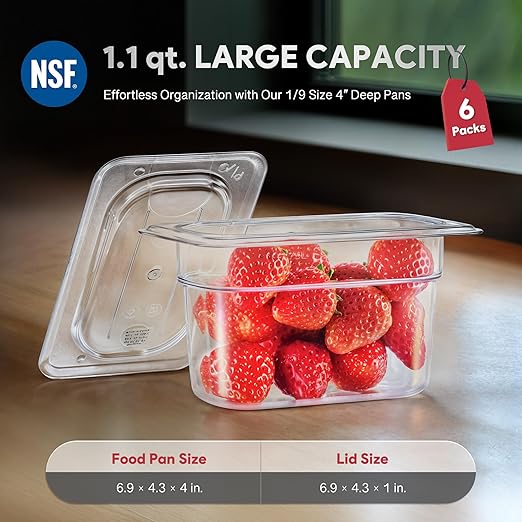WILPREP 6 Pack Plastic Food Pans with Lids NSF Listed 1/9 Size 4 in Deep Clear Food Storage Containers 1.1 qt Stackable Polycarbonate Commercial Hotel for Fruits Vegetables Beans Corns