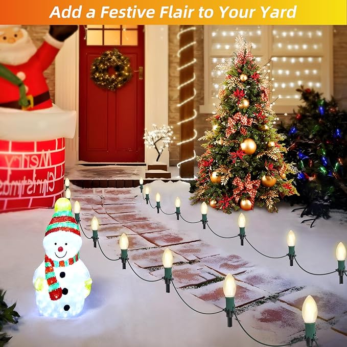 USOKYO 30Ft C9 Led Christmas Pathway Lights Outdoor 20 Warm White Bulbs Waterproof Connectable Christmas Walkway Lights with Stakes for Yard Lawn Sidewalk Driveway Christmas Decorations