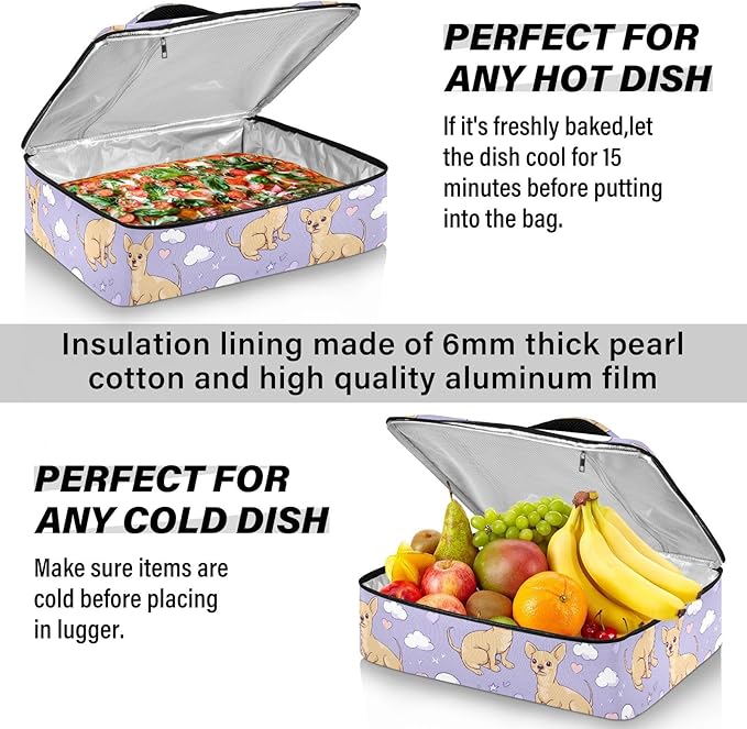Casserole Carrier Loveliness Pattern Dog and HeartInsulated Casserole Carrier for Hot or Cold Food Thermal Lunch Tote for Potluck Parties Picnic Beach Fits 9 x 13 Inches Baking Dish