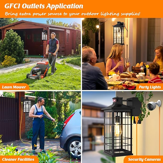 18inch Large Size Motion Sensor Porch Light with GFCI Outlets Dusk to Dawn Black Outdoor Wall Light Fixture 3 Modes Exterior Lighting Fixture Waterproof Outside Wall Lantern Sconce for House 1-Pack