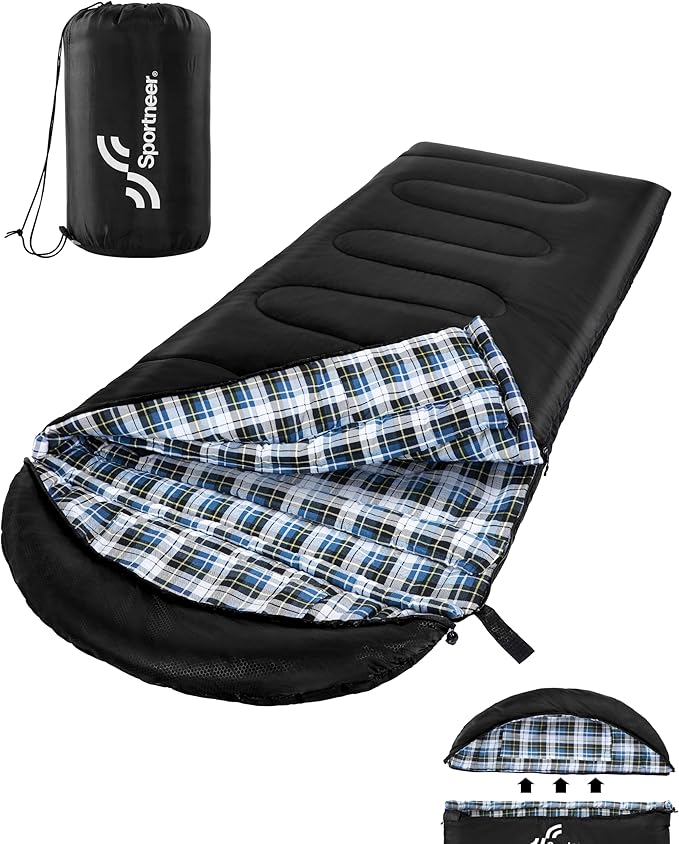 Sportneer 0 Degree Sleeping Bag for Cold Weather XL Winter Sleeping Bag for Adults Flannel Lined Camping Sleeping Bag 32°F–59°F Rated 87 x 33.5 4.4 lbs Detachable Hood Compression Sack