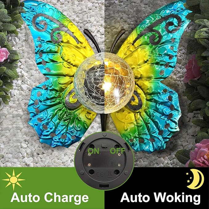 Solar Lights Outdoor Garden Butterfly Decor Metal Butterfly Statue Decoration with LED Crackle Glass Globe Solar Powered Lighted Garden Art Decor for Patio Lawn Yard Pathway Tabletop Ground