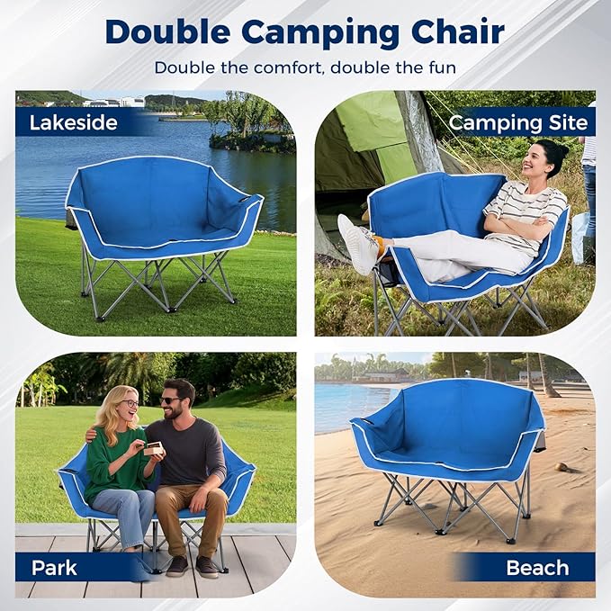 Tangkula 2 Person Camping Chair Portable Oversized Outdoor Folding Camp Chair Loveseat with Padded Seat Cup Holder Carry Bag Heavy Duty Lawn Chair for Beach Fishing Travel (Blue 2-Person)