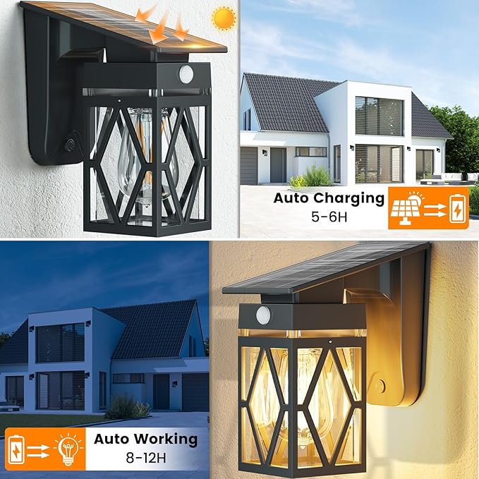 2 Pack Solar Porch Lights Outdoor Dusk to Dawn &amp Motion Sensor Solar Wall Light with Lantern Shape 3 Modes IP65 Waterproof E26 Bulb Exterior Sconce for Front Porch Garage Patio Security