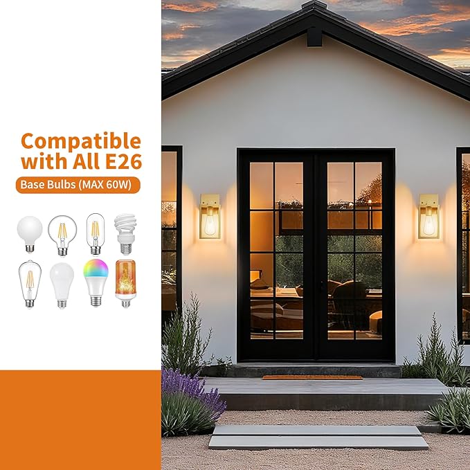 Outdoor Light Fixtures Wall Mount Waterproof Front Porch Lights Modern Exterior Lighting Fixtures with E26 Socket Gold Wall Sconces Lantern Lamp Outside Lights for House Garage Patio (2 Pack）