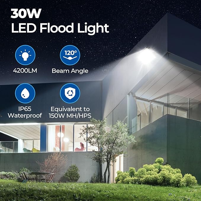 CINOTON 30W LED Flood Lights Outdoor 4200LM IP65 Waterproof Security Wall Pack Lighting Fixture with 180° Knuckle for Court Porch Patio Garage 5000K Daylight AC 100-277V 1 Pack