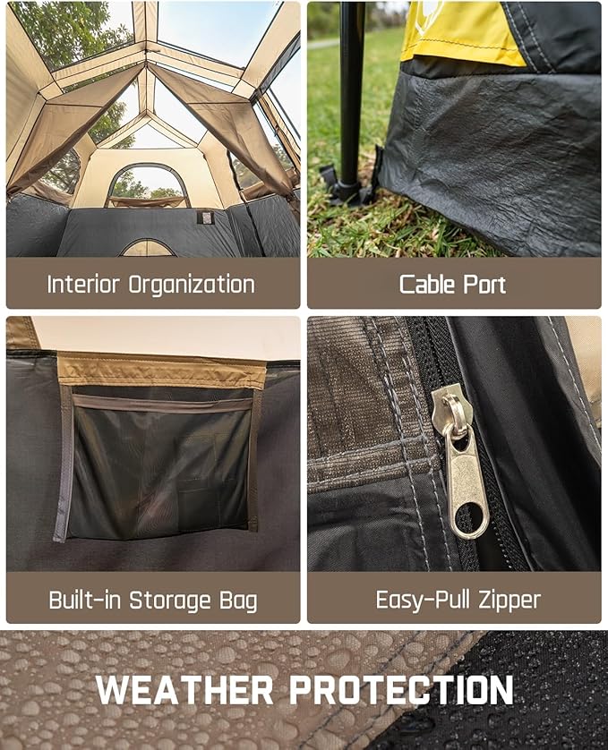 FanttikOutdoor Instant Cabin Tent 6/8/10/12 Person Camping Tent Setup in 60 Seconds with Rainfly &amp Windproof Portable with Carry Bag for Family Camping &amp Hiking Upgraded Ventilation Khaki
