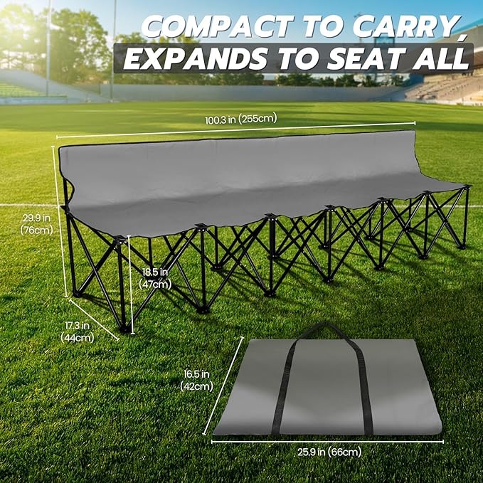 Flexzion Portable Folding Bench Seat 6 Seater Collapsible Soccer Bench Portable Bench Seats for Bleachers Camping Sideline with Back Rest and Carrying Bag Gray