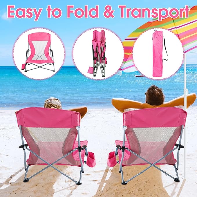 Huwena 2 Pack Beach Chair for Adult with 2 Umbrella Low Folding Chair Detachable Adjustable Lightweight with Armrests Cup Holder Carry Bag Portable for Sand Camping Travel Outdoor Pool(Rose Red)