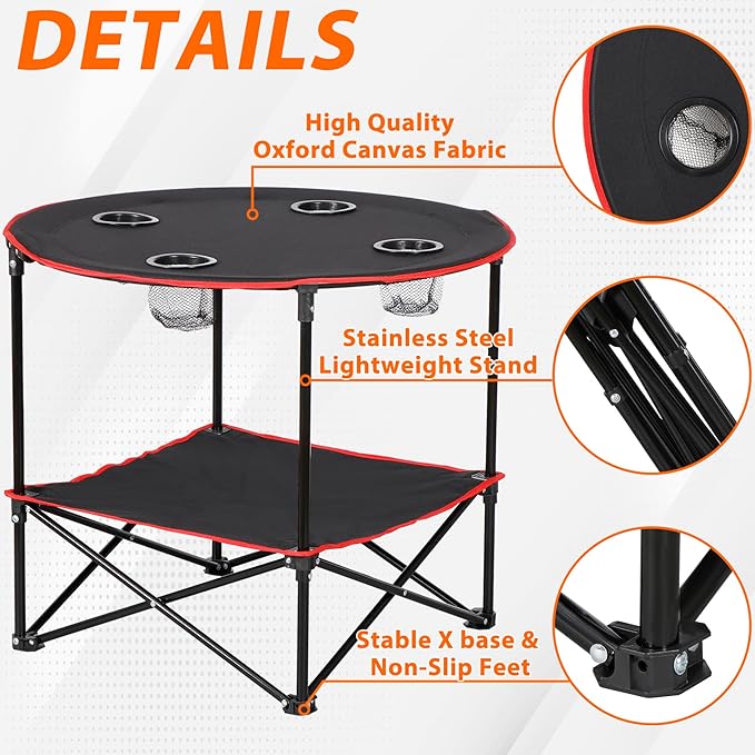 HomGarden 28 Portable Folding Picnic Table Outdoor Camp Table Round 2-Tier with 4 Cup HoldersPortable Tables Folding for BBQ Fishing Beach Table for Party Black