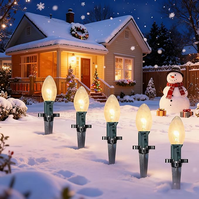 C9 Christmas Pathway String Lights 38Ft Clear Pathway String Lights Outdoor with 25 Clear Bulbs and Stakes Waterproof Walkway Lights for Outside Driveway Sidewalk Outdoor Christmas Decorations
