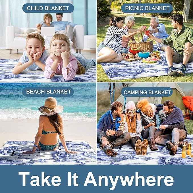 Blue and White Chinese Style Chinoiserie Folk Waterproof Outdoor Picnic Blanket Sandproof Beach Mat for Camping Hiking Grass Travelling