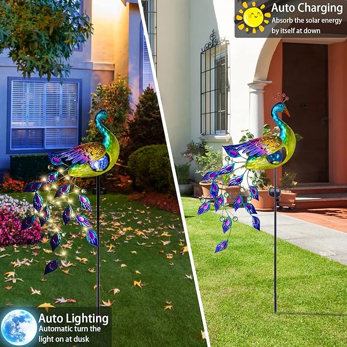 DREAMSOUL Solar Garden Lights Outdoor Metal Peacock Decor Solar Lights Garden Stakes with Led String Lights Waterproof Crackle Glass Ball Landscape Path Light for Lawn Patio