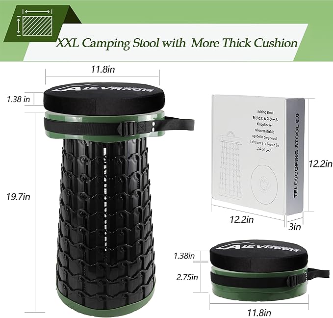 ALEVMOOM Upgraded XXL Collapsilbe Stool with CushionMore Sturdy and Height 19.7“D11.8”Portable and Lightweight Adjustable Telescoping Stool for Camping Hiking BBQ Max Loading 1000Ibs