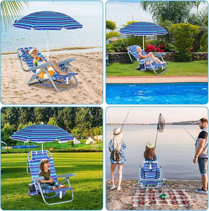 Nice C Toddler Beach Chair Kids Beach Chair with Umbrella Backpack Beach Folding Chairs Backpack Camping Chairs 5-Position Reclining with Cup Holder for Beach Camping Picnic (2 Pack)