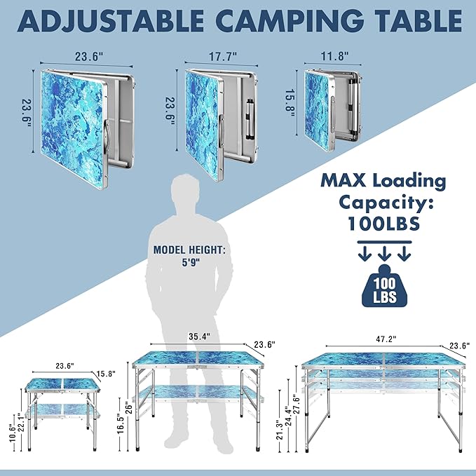 VILLEY Folding Camping Table 2FT Portable Small Picnic Table with Adjustable Height Lightweight Aluminum Foldable Table Small Folding Table with Carry Handle for Outdoor Indoor BBQ Hiking Beach
